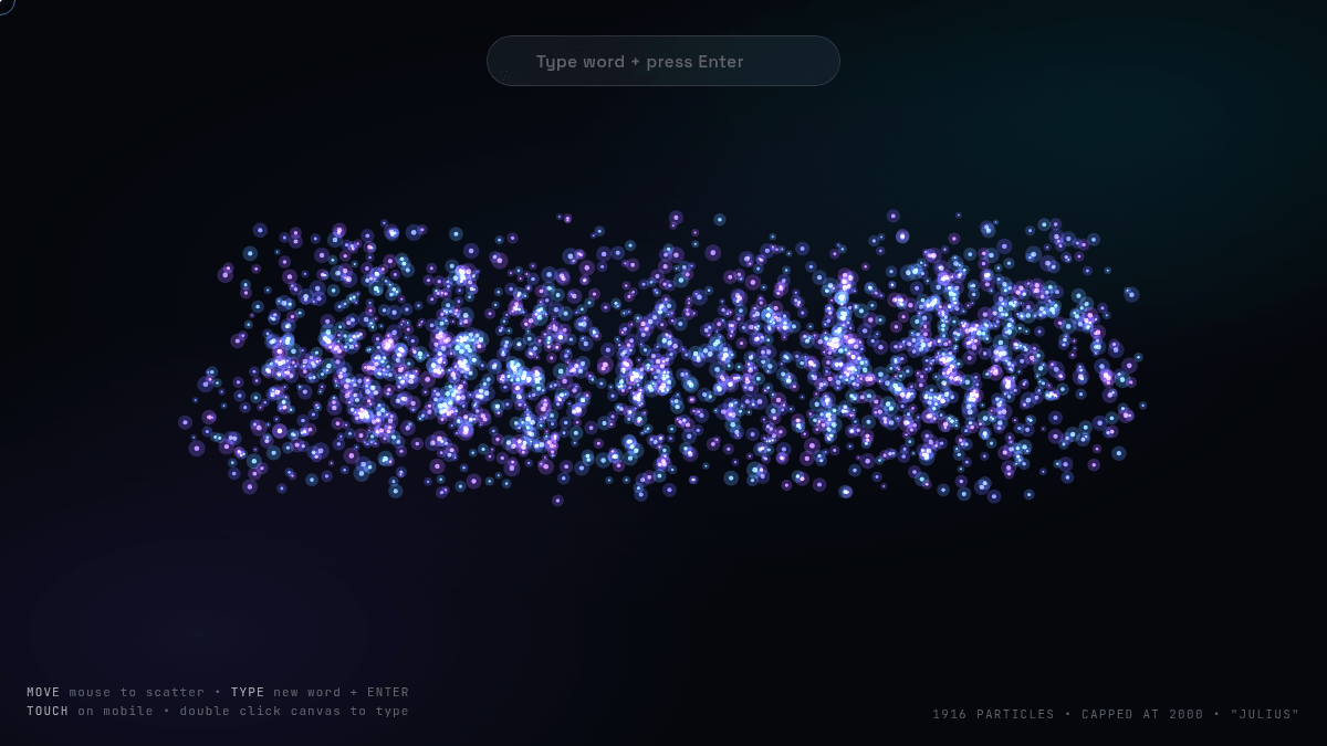 Interactive purple particle word art on a dark canvas
