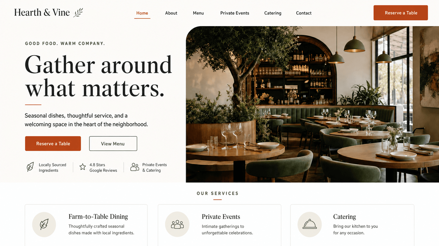 Hearth and Vine restaurant website with dining room photography and a reservation button