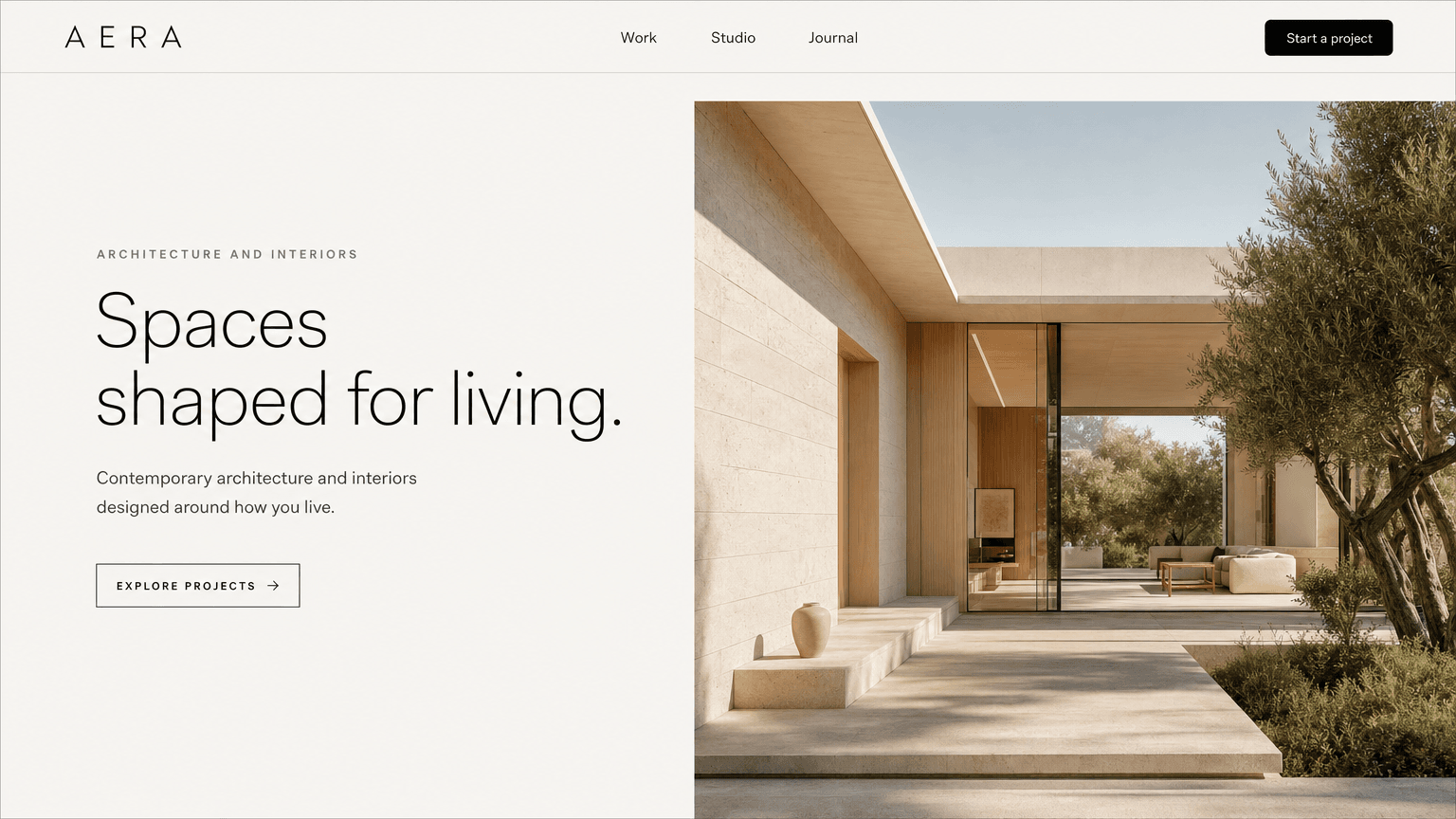 Minimalist AERA interior design website with a large architecture photo